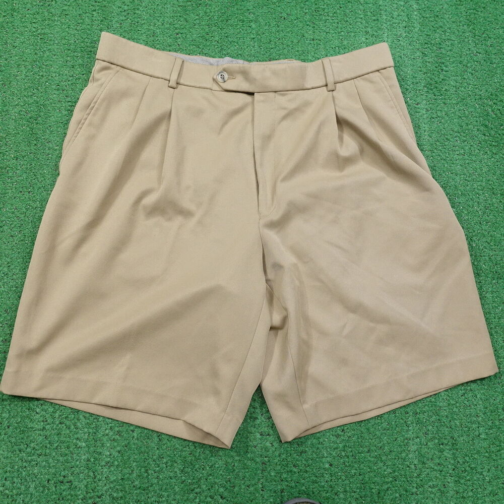 NEIMAN MARCUS BEIGE KHAKI PLEATED 100% POLYESTER SHORTS MENS SZ 35